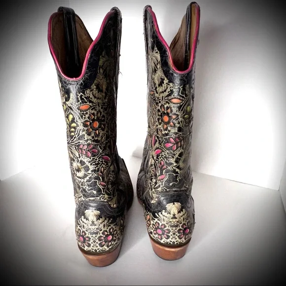 Johnny Ringo Cowboy Boots Genuine Leather Floral Overlay Black Pink Lime Yellow - Picture 4 of 12